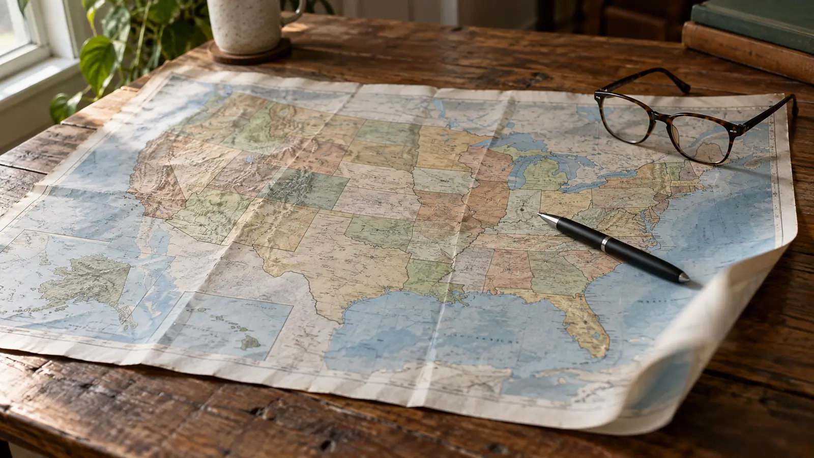 A large printed map of the United States spread flat on a wooden table, a pen and reading glasses resting on it.