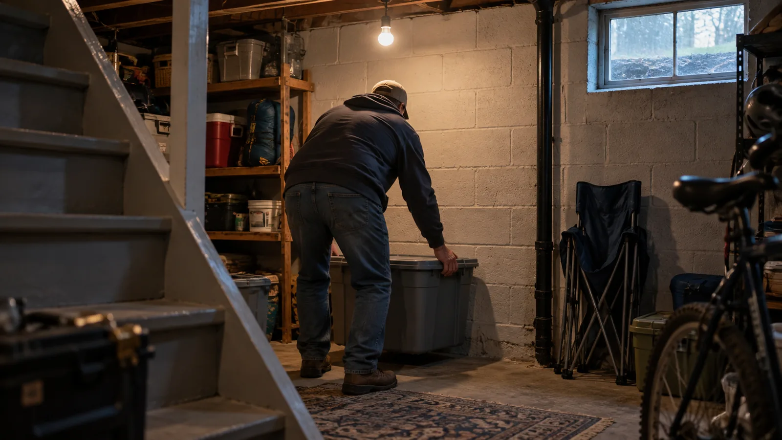 A person seen from behind at the foot of basement stairs, setting a storage tote against an interior concrete wall.