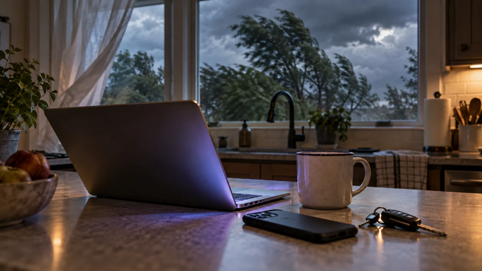 A laptop open on a kitchen counter with its screen angled away, a dark sky and bending tree through the window behind.