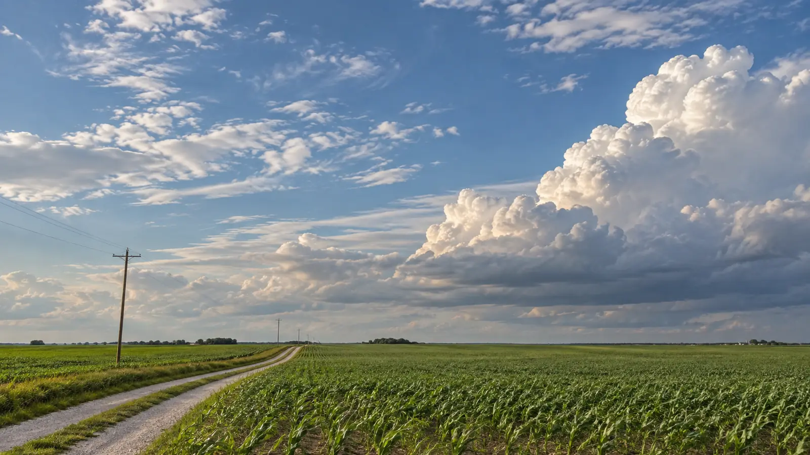 A wide flat farmland horizon in late spring with towering cumulus building in the distance, sunlit above and dark below.
