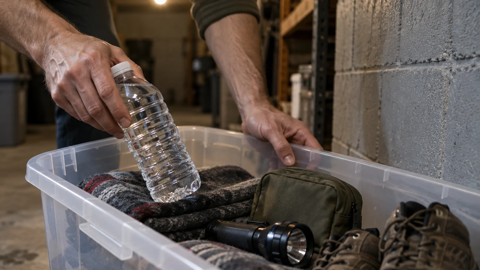 Hands lowering a sealed water bottle into an open storage tote holding blankets, a torch and sturdy shoes on a concrete floor.