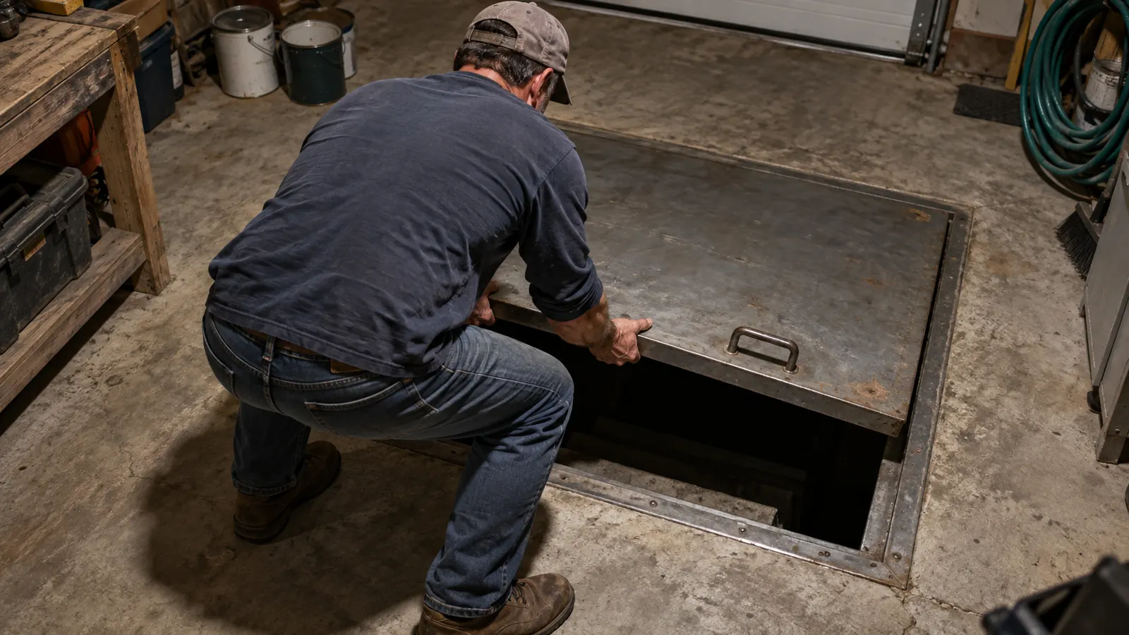 A person crouching to lift the steel hatch of an in-ground storm shelter set into a concrete garage floor.