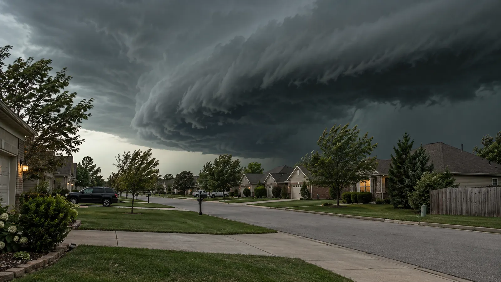A quiet residential street under a dark shelf cloud advancing low over the rooftops, houses intact.