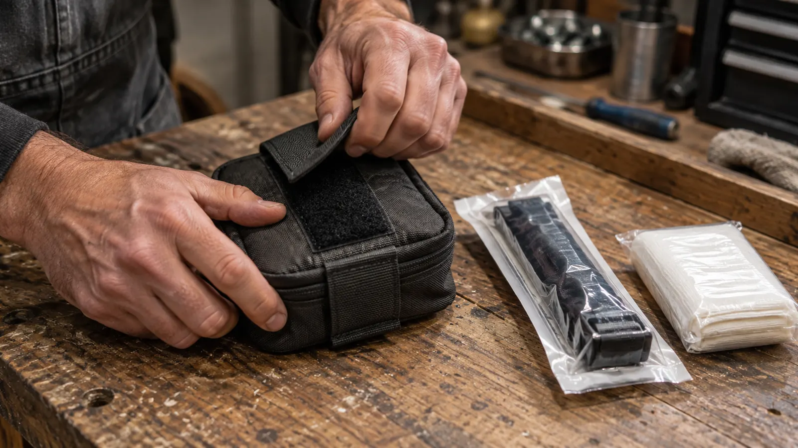 Hands closing a compact trauma pouch on a workbench, a tourniquet and a pressure dressing beside it.