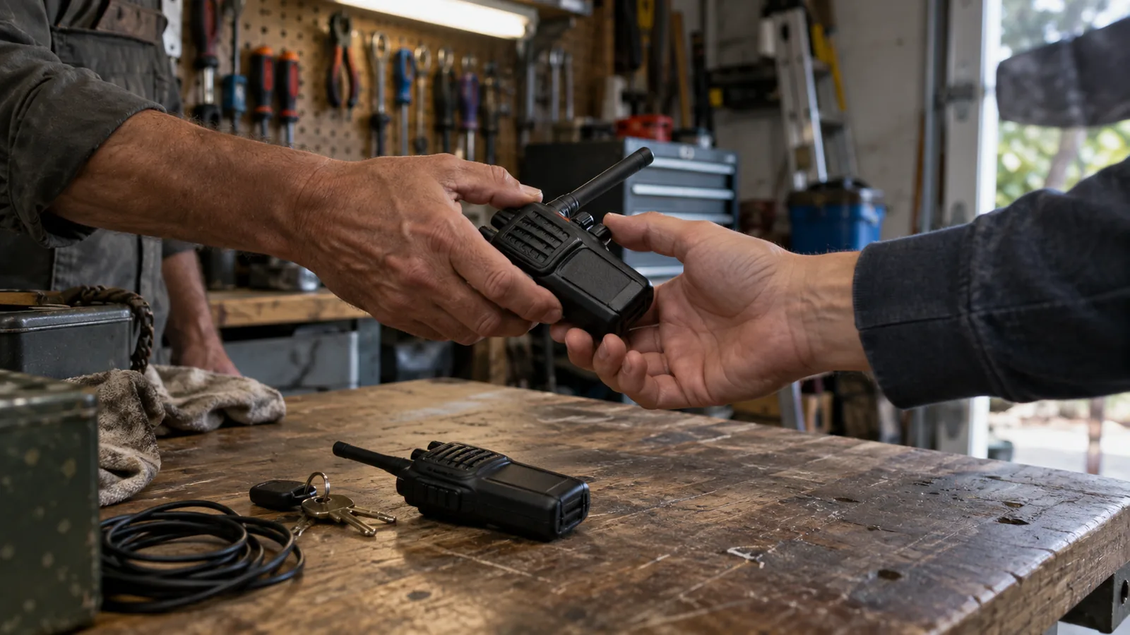 Hands passing a handheld two-way radio across a garage workbench, a second radio and keys beside them.