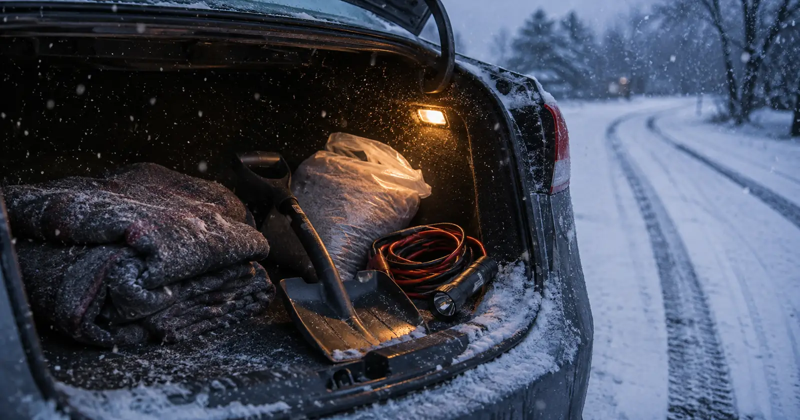 An open car boot in falling snow holding a folding shovel, a blanket and a bag of grit.