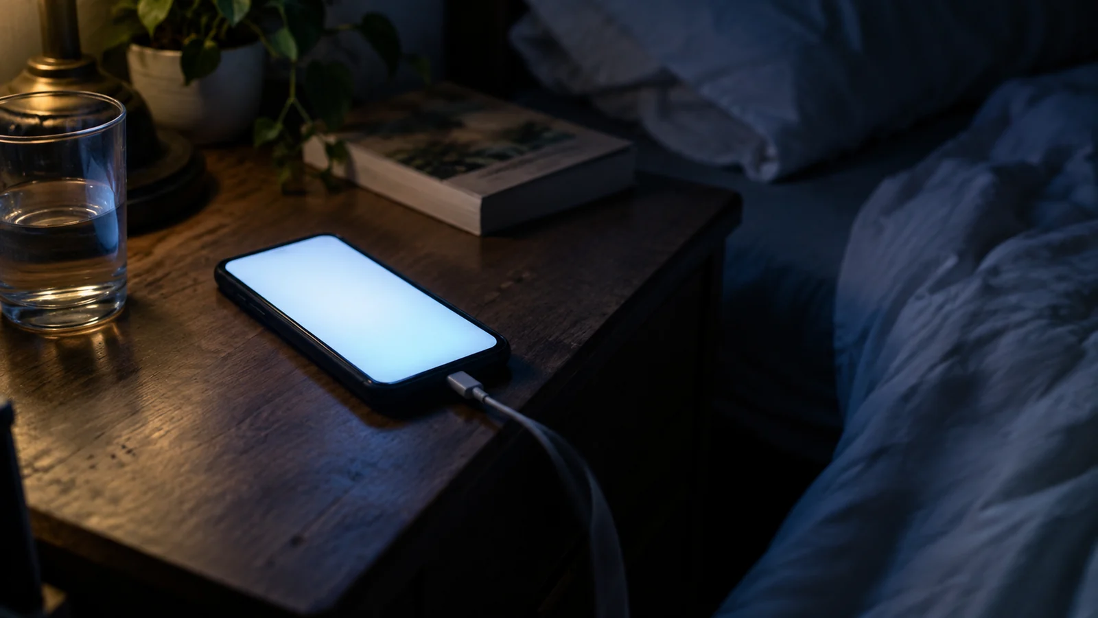 A phone lying face-up on a dark bedside table, its screen glowing but seen at too steep an angle to read.