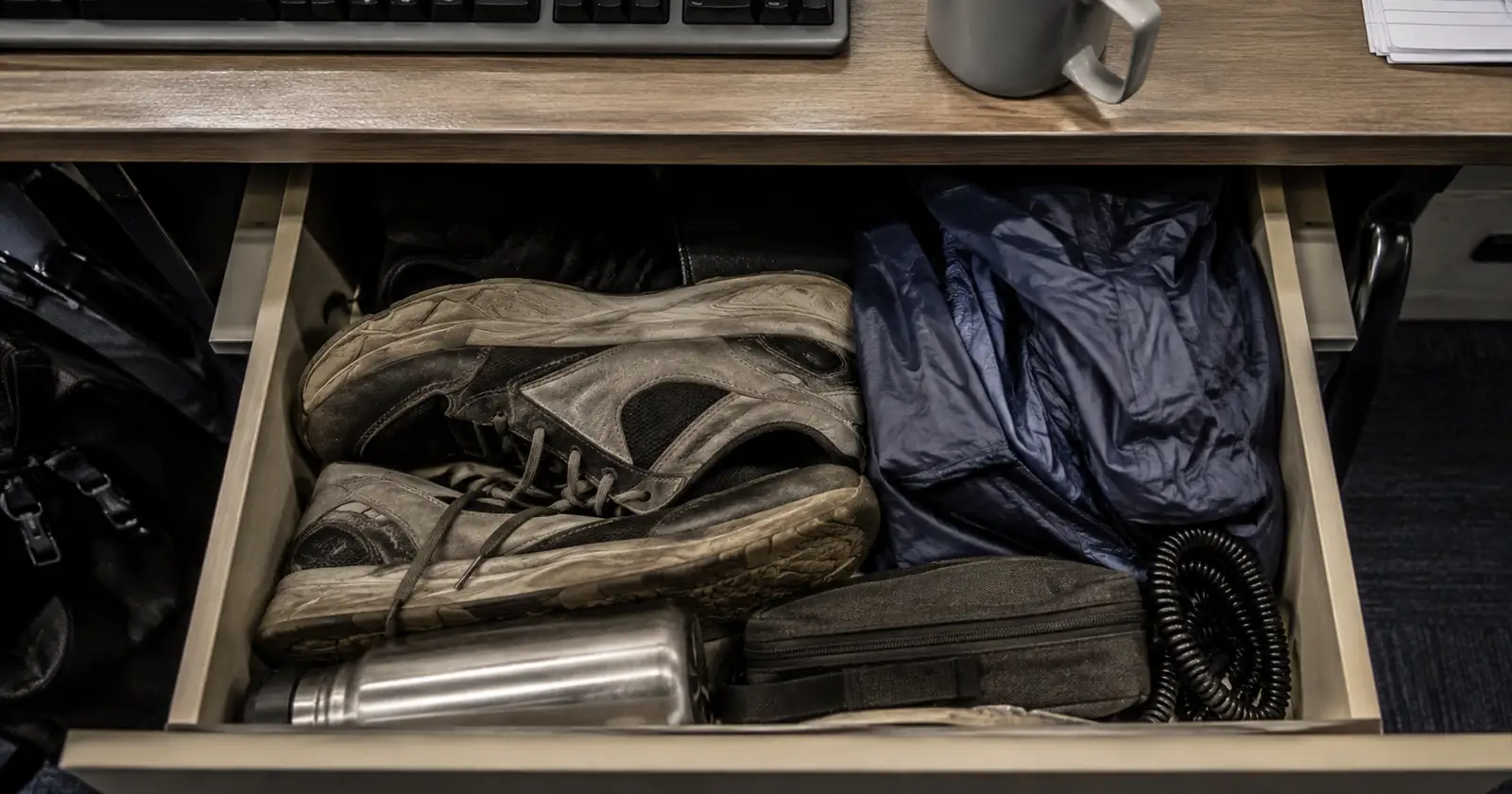 An open desk drawer holding trainers, a folded jacket, a water bottle and a small pouch, beside a keyboard.